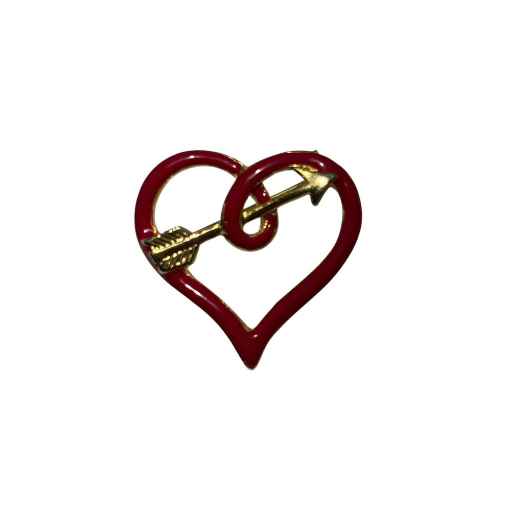 Vintage Gold Tone Red Enamel Heart Cupids Arrow Valentines Love Brooch Pin
